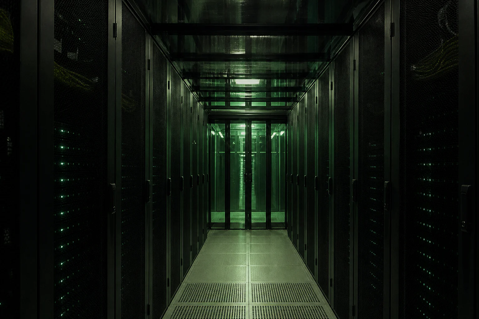 Kaltgang eines Rechenzentrums mit klar getrennten Serverreihen und Statusanzeigen