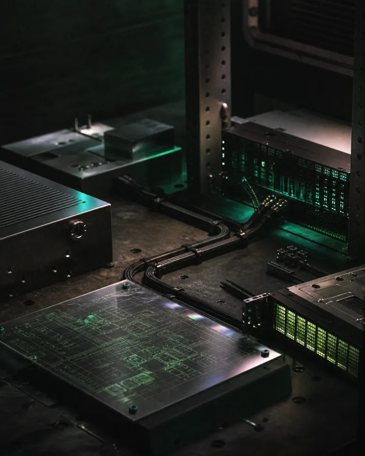 KI-generierte Darstellung eines technischen Arbeitstischs mit Softwareplan, Servermodulen und Verkabelung
