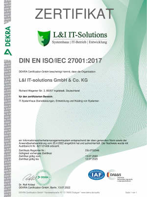 Zertifikat DIN EN ISO_IEC 27001_2017 DS-0722046de L&I IT-solutions GmbH & Co. KG-001